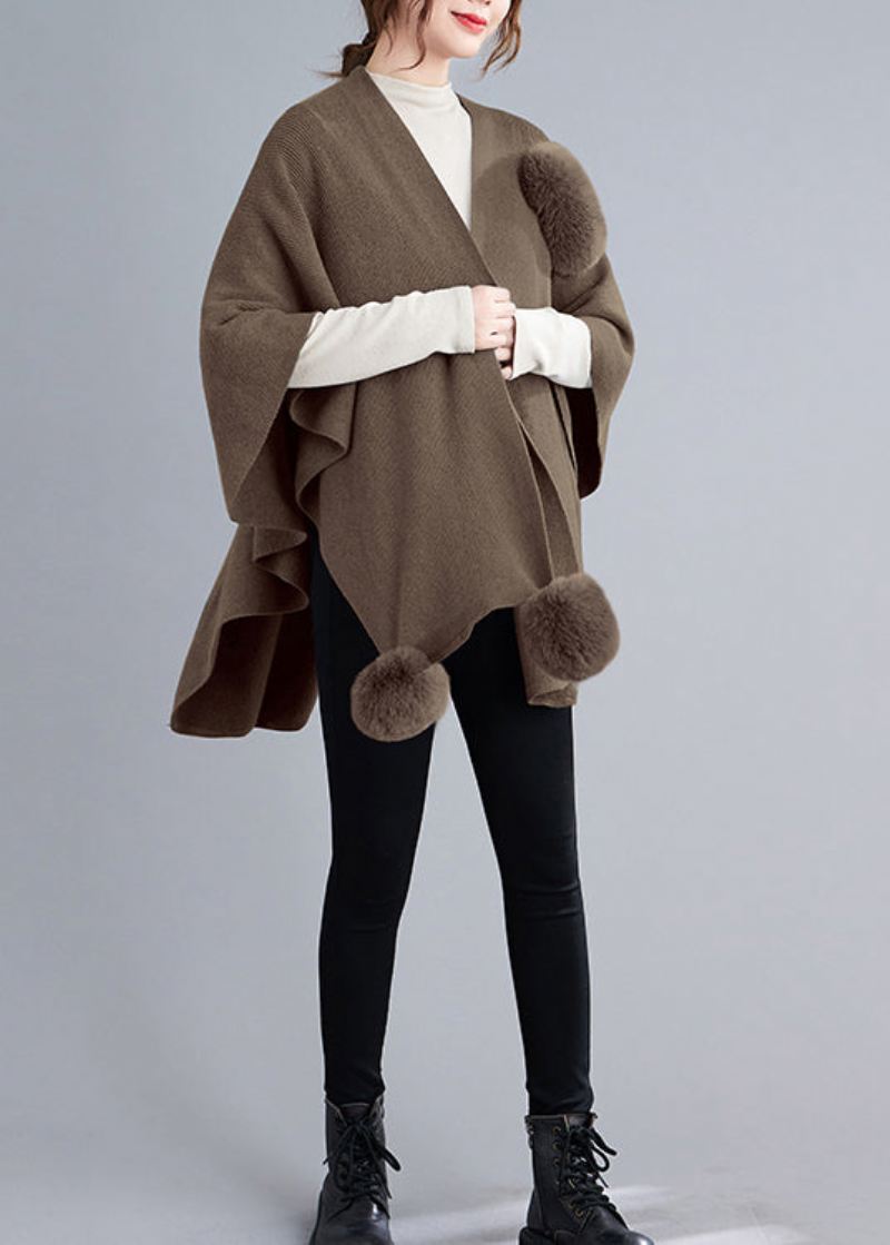 Løs Khaki Asymmetrisk Fuzzy Ball Patchwork Knit Cape Coats Høst - Cardigans for kvinner