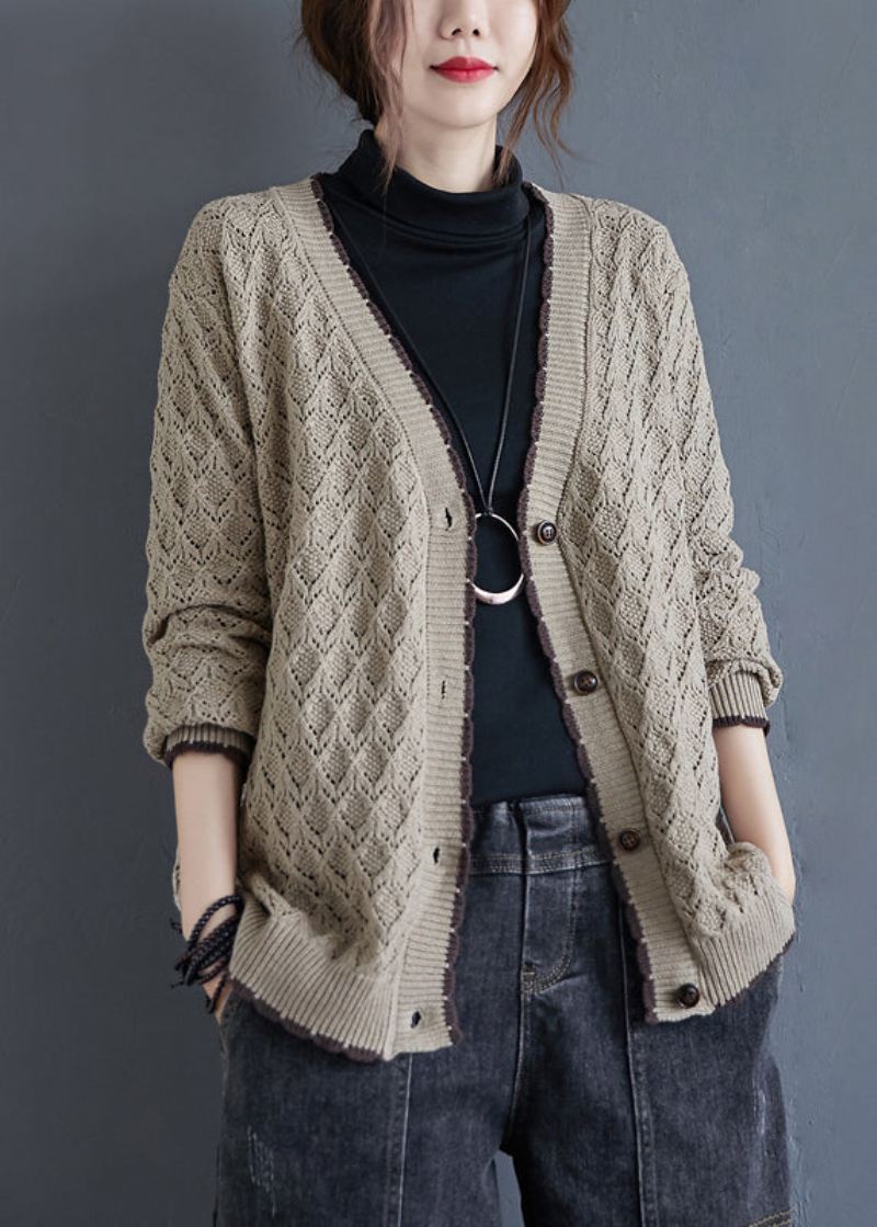 Løs Khaki V-hals Hollow Out Button Strikk Cardigan Fall