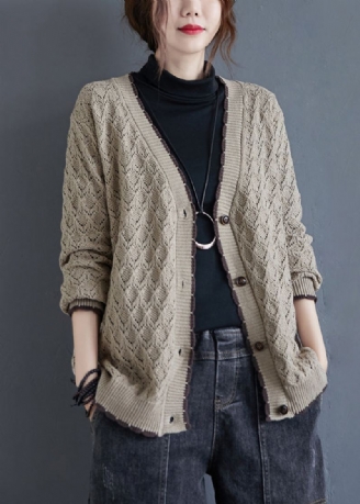 Løs Khaki V-hals Hollow Out Button Strikk Cardigan Fall