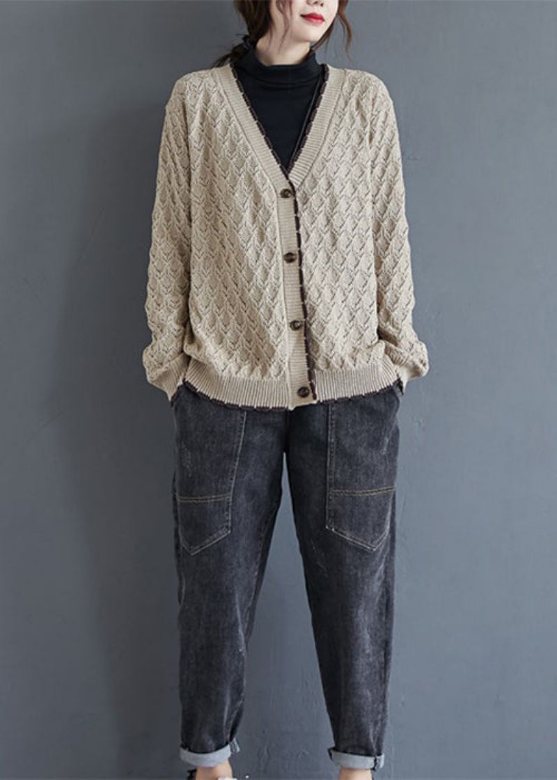 Løs Khaki V-hals Hollow Out Button Strikk Cardigan Fall - Cardigans for kvinner