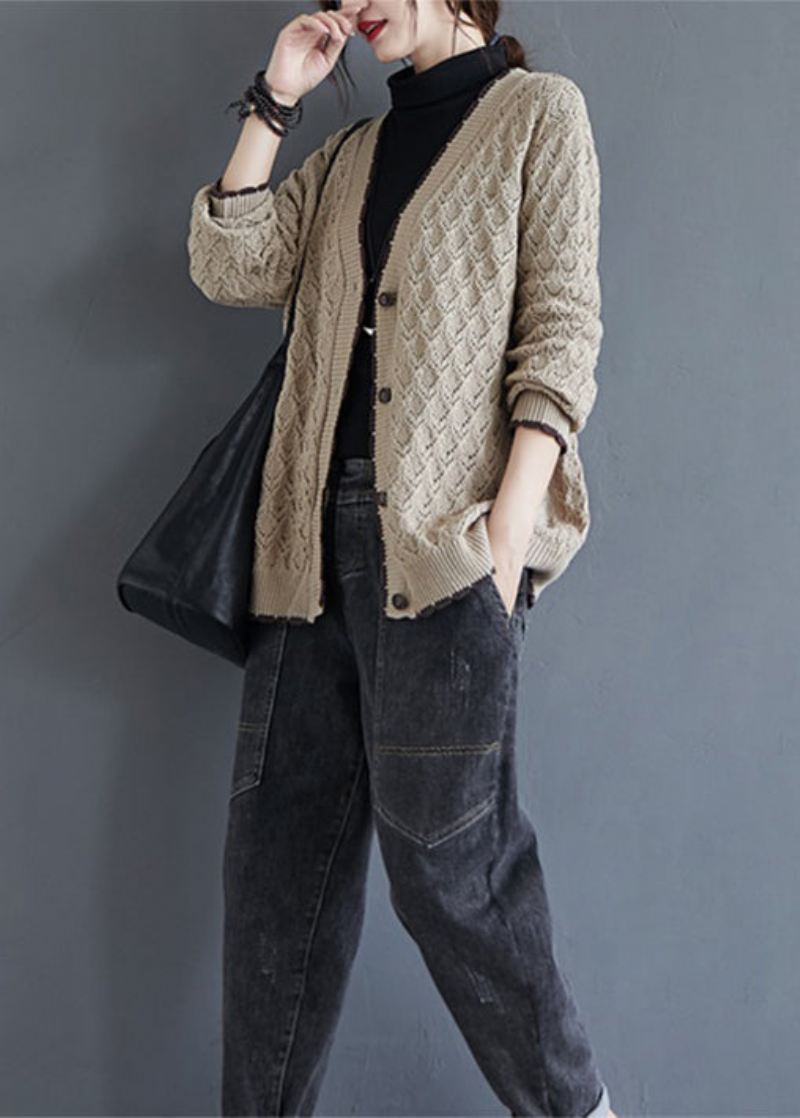 Løs Khaki V-hals Hollow Out Button Strikk Cardigan Fall - Cardigans for kvinner