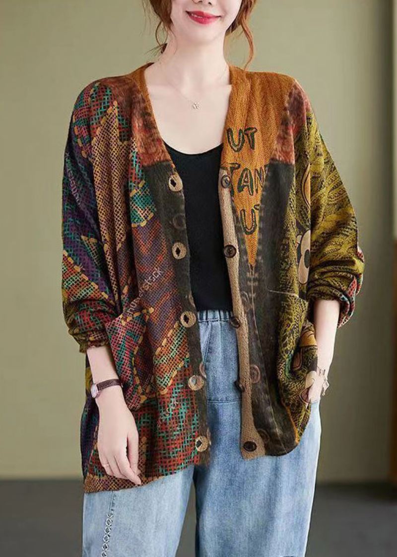 Løs Mitch Button Print Patchwork Cotton Knit Coat Fall - Cardigans for kvinner