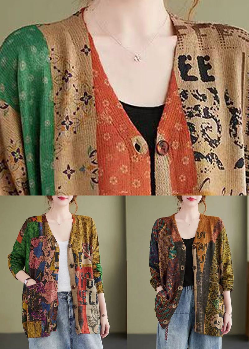 Løs Mitch Button Print Patchwork Cotton Knit Coat Fall - Cardigans for kvinner