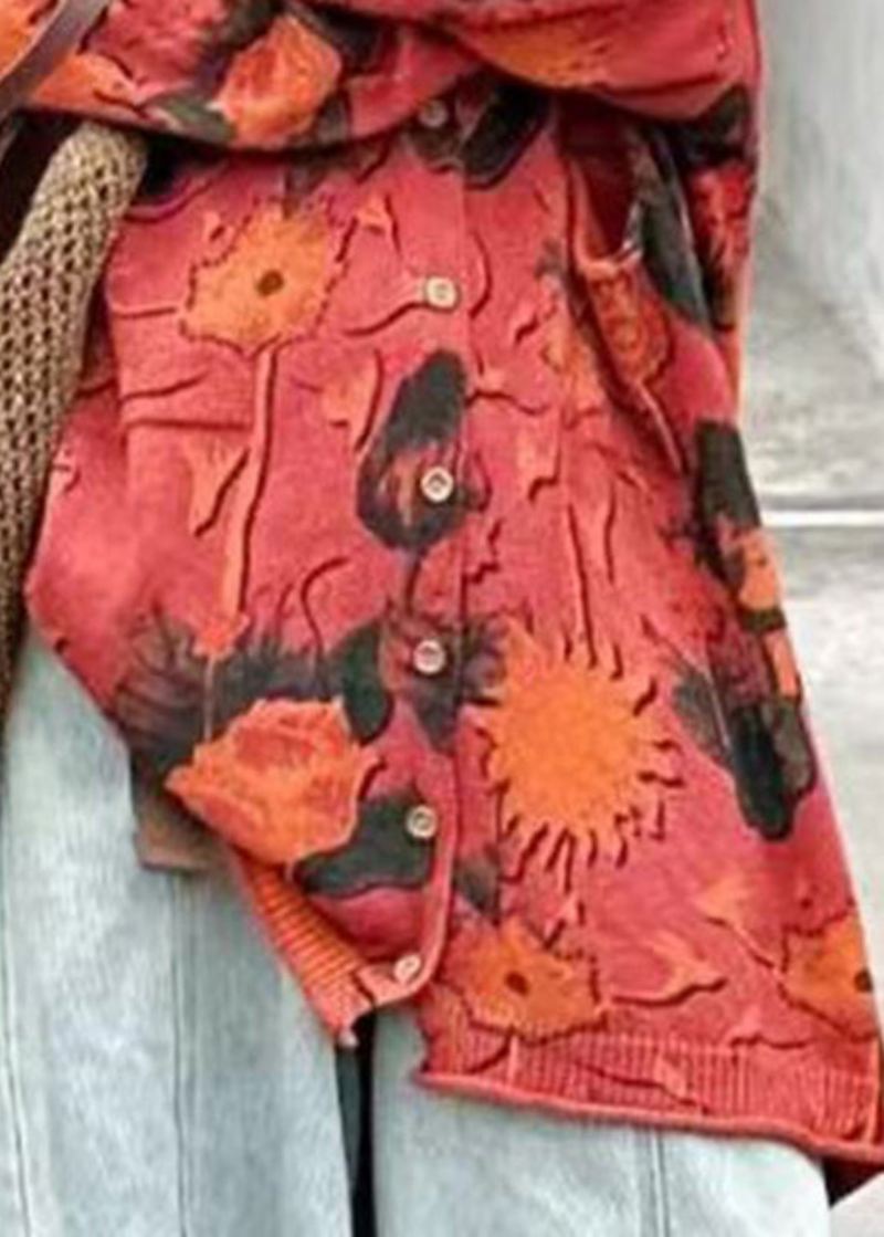 Løs Rød V-hals Print Button Strikke Cardigans Spring - Rød