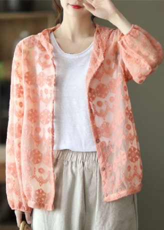 Løs Rosa Brodert Patchwork Blonde Cardigans Langermet