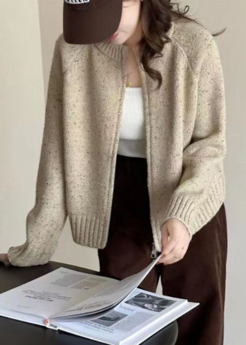 Løse Beige Glidelås Patchwork Koselige Strikkekåper Med Lange Ermer - Cardigans for kvinner