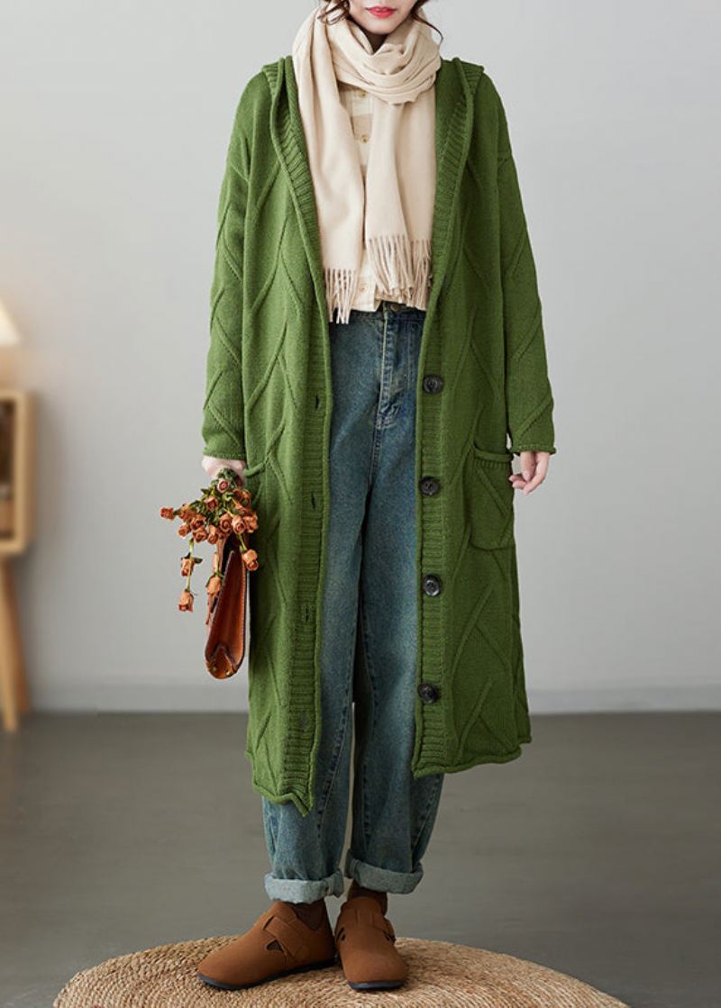 Løse Grønne Hettelommer Patchwork Strikket Cardigan Coat Fall