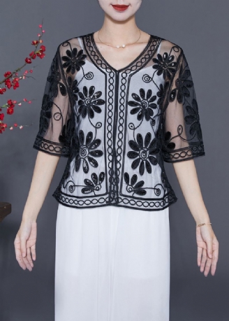 Løse Svarte Paljetter Hollow Out Tulle Cardigan Half Sleeve