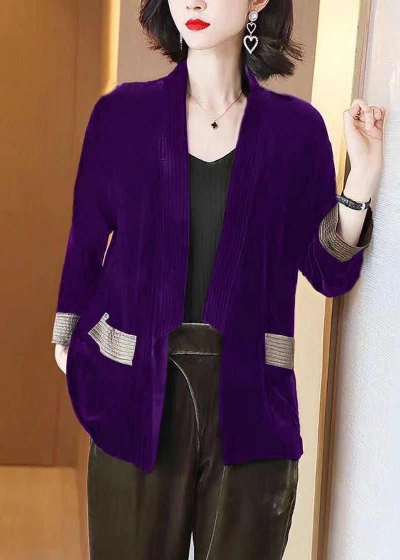 Løse Svarte V-halslommer Patchwork Silke Velour Cardigans Armbånd Erme - Cardigans for kvinner