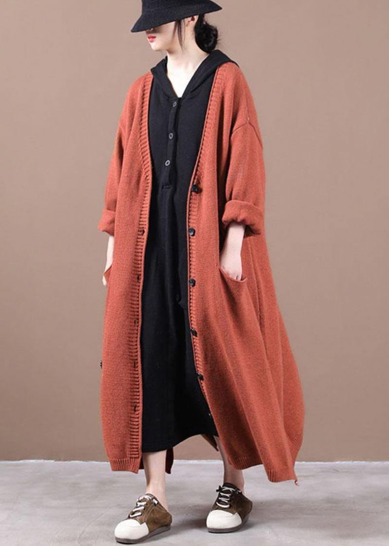 Luksus Oransje Røde Lommer Fall Long Knit Coat