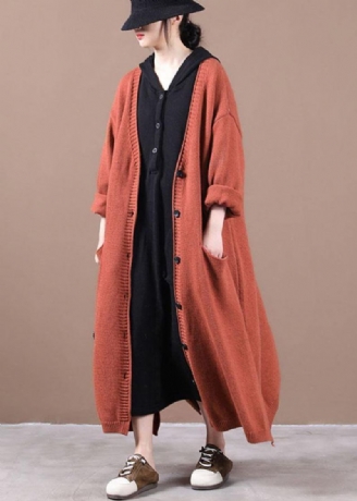 Luksus Oransje Røde Lommer Fall Long Knit Coat