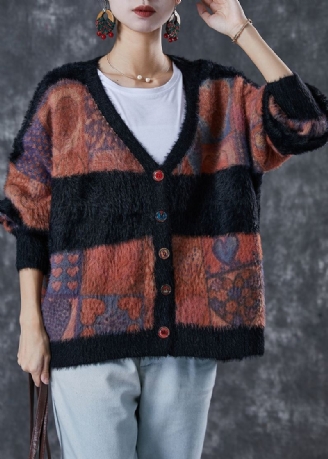 Moderne Colorblock Oversized Tykt Minkhår Strikket Cardigan Vinter