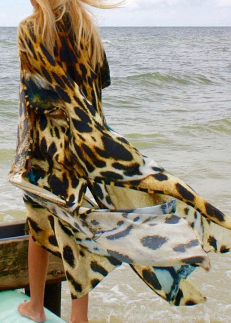 Moderne Leopard V-hals Print Tie Midje Lang Smock Sommer - Cardigans for kvinner