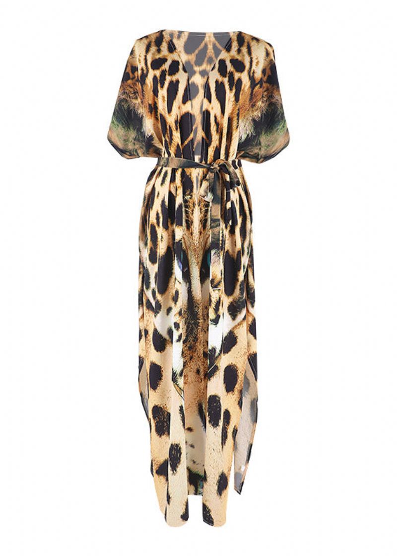 Moderne Leopard V-hals Print Tie Midje Lang Smock Sommer - Cardigans for kvinner