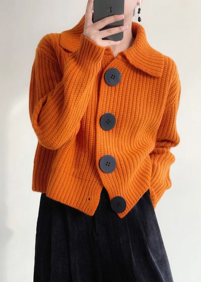 Moderne Oransje Peter Pan Krage Button Down Strikket Cardigan Winter