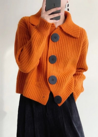 Moderne Oransje Peter Pan Krage Button Down Strikket Cardigan Winter