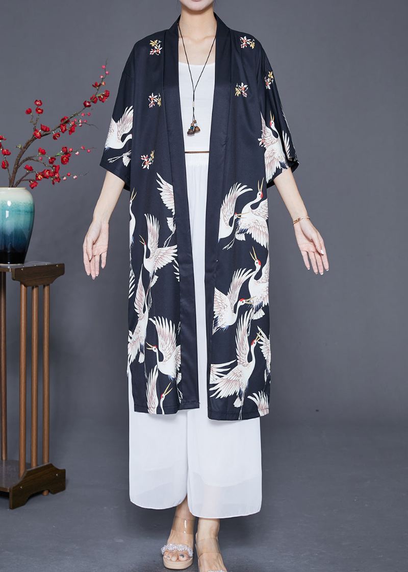 Moderne Svart Overdimensjonert Crane Print Lin Lang Cardigans Half Sleeve - Cardigans for kvinner