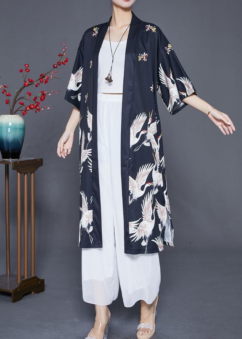 Moderne Svart Overdimensjonert Crane Print Lin Lang Cardigans Half Sleeve - Cardigans for kvinner