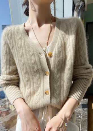 Montert Aprikos V-halsknapp Cashmere Cardigan Spring