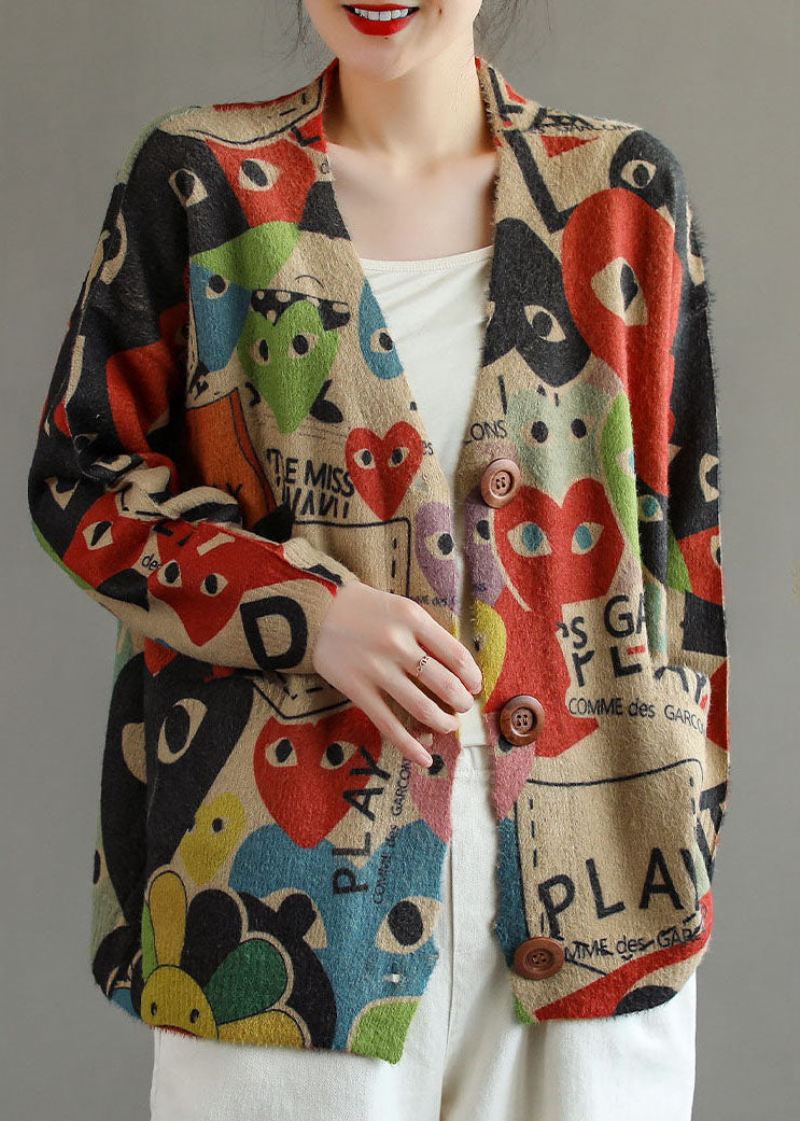 Montert Svart Rød Oversized Print Mink Hair Strikket Cardigan Spring - Svart Rød