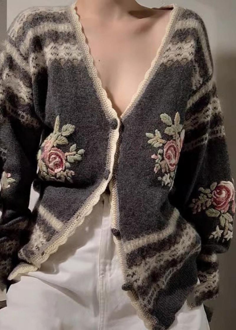 Monterte Grå Broderte Blomsterstrikkede Cardigans Vår