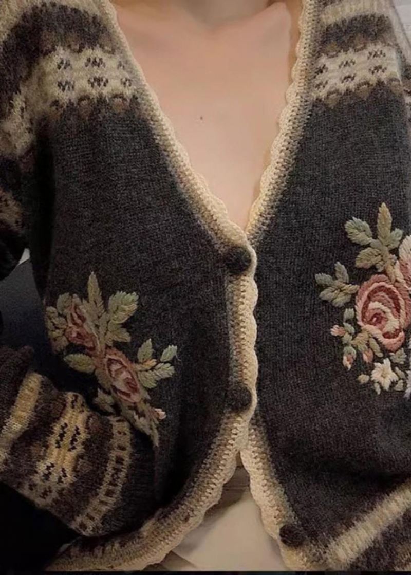 Monterte Grå Broderte Blomsterstrikkede Cardigans Vår - Cardigans for kvinner