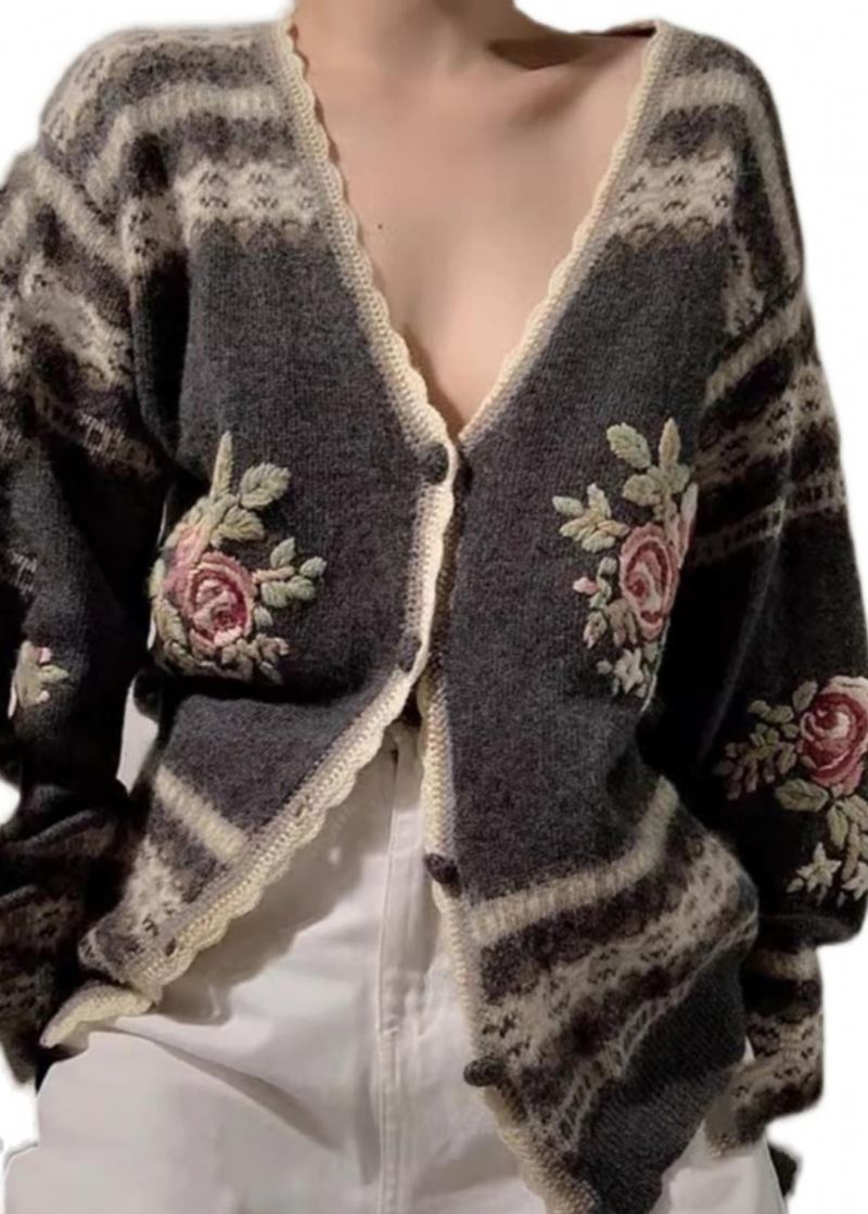 Monterte Grå Broderte Blomsterstrikkede Cardigans Vår - Cardigans for kvinner