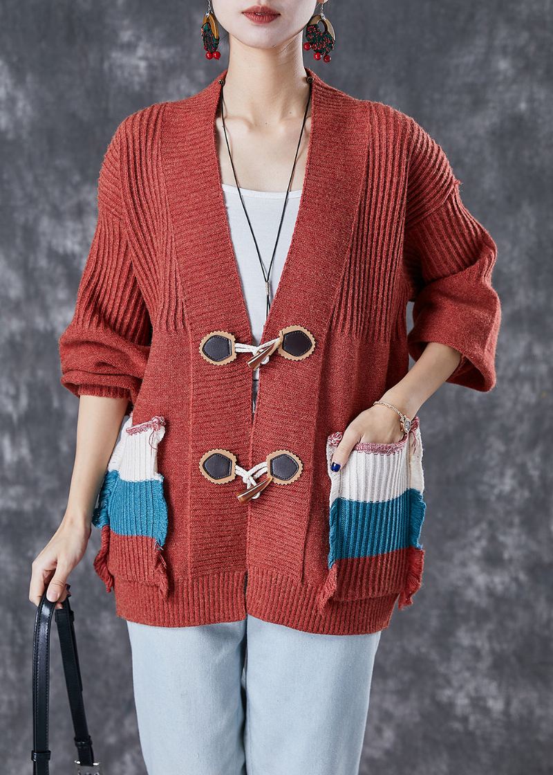 Mote Rød Oversized Patchwork Lommer Strikket Cardigan Fall