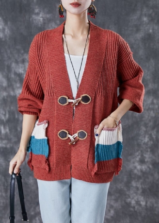 Mote Rød Oversized Patchwork Lommer Strikket Cardigan Fall