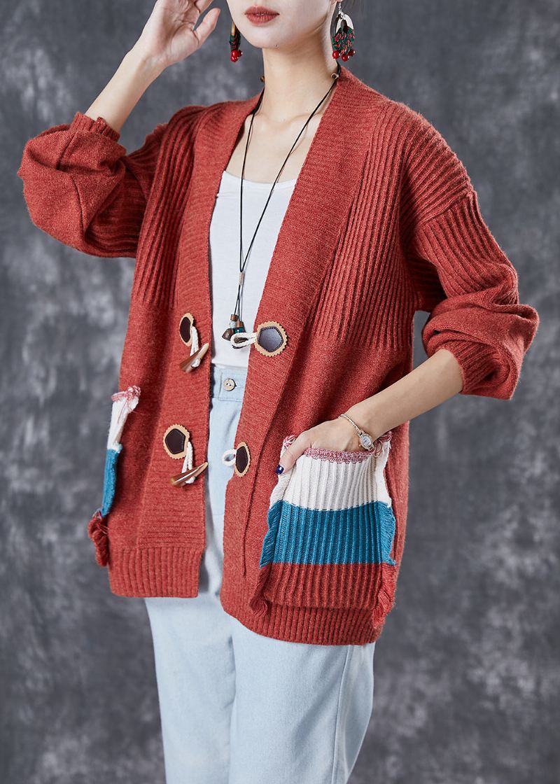 Mote Rød Oversized Patchwork Lommer Strikket Cardigan Fall - Cardigans for kvinner