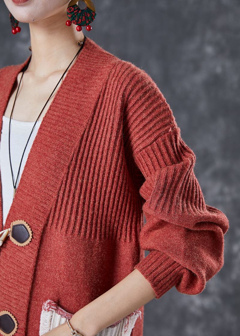 Mote Rød Oversized Patchwork Lommer Strikket Cardigan Fall - Cardigans for kvinner