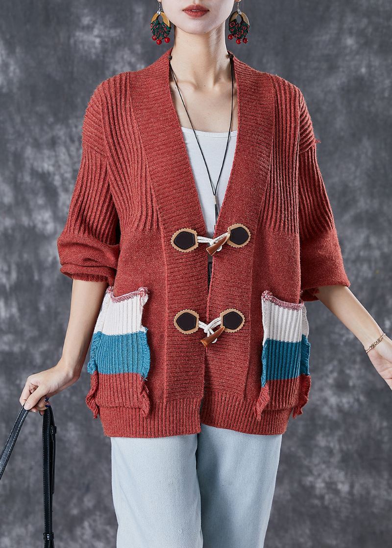 Mote Rød Oversized Patchwork Lommer Strikket Cardigan Fall - Cardigans for kvinner