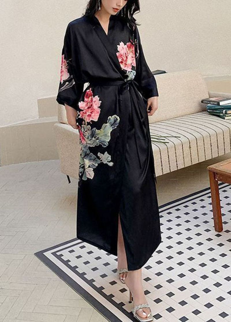 Mote Svart Oversized Print Ice Silke Løs Robe Sommer