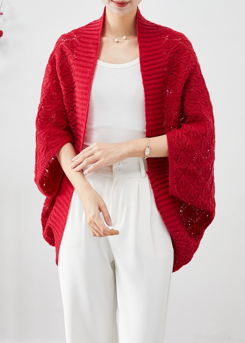 Moterød Oversized Hollow Out Knit Cardigan Fall - Cardigans for kvinner