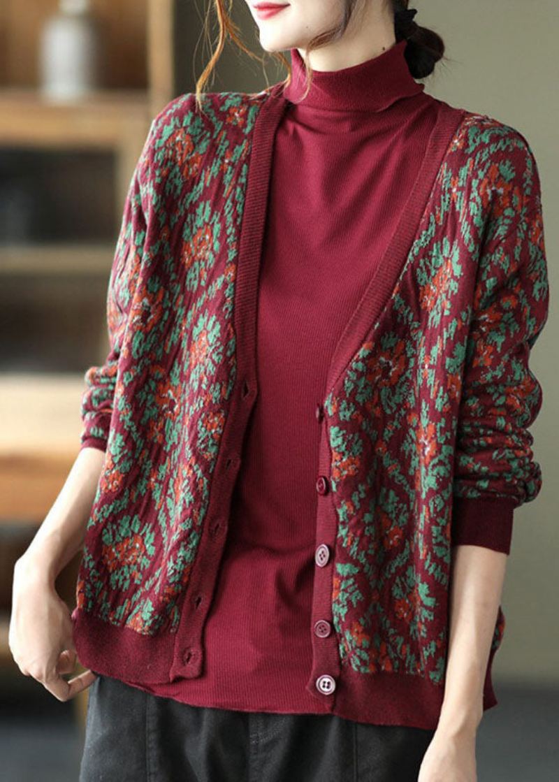 Mulberry Print Strikk Løs Cardigan V Neck Button Spring