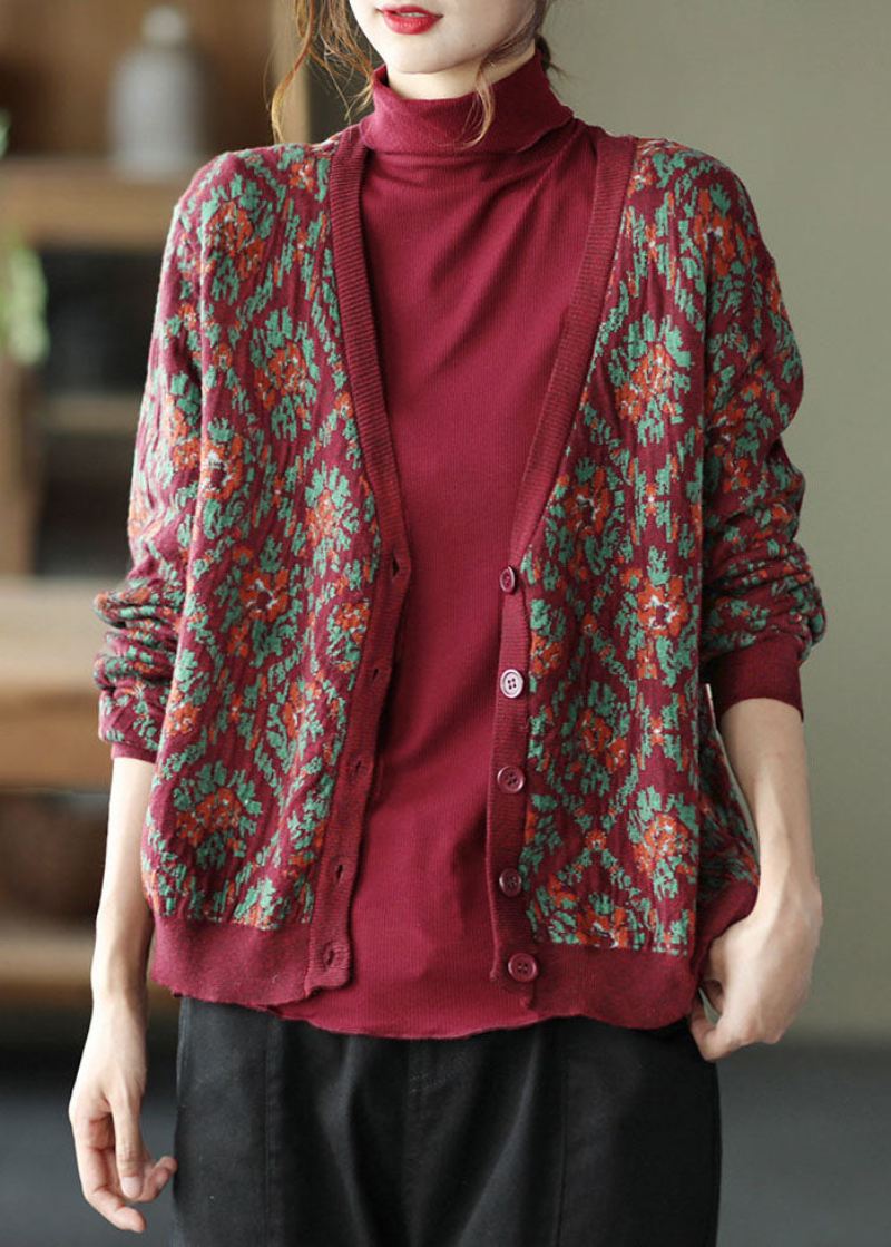 Mulberry Print Strikk Løs Cardigan V Neck Button Spring - Cardigans for kvinner