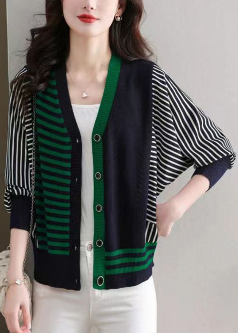 Navy Cozy Patchwork Strikkede Cardigans Stripete Lange Ermer - Cardigans for kvinner