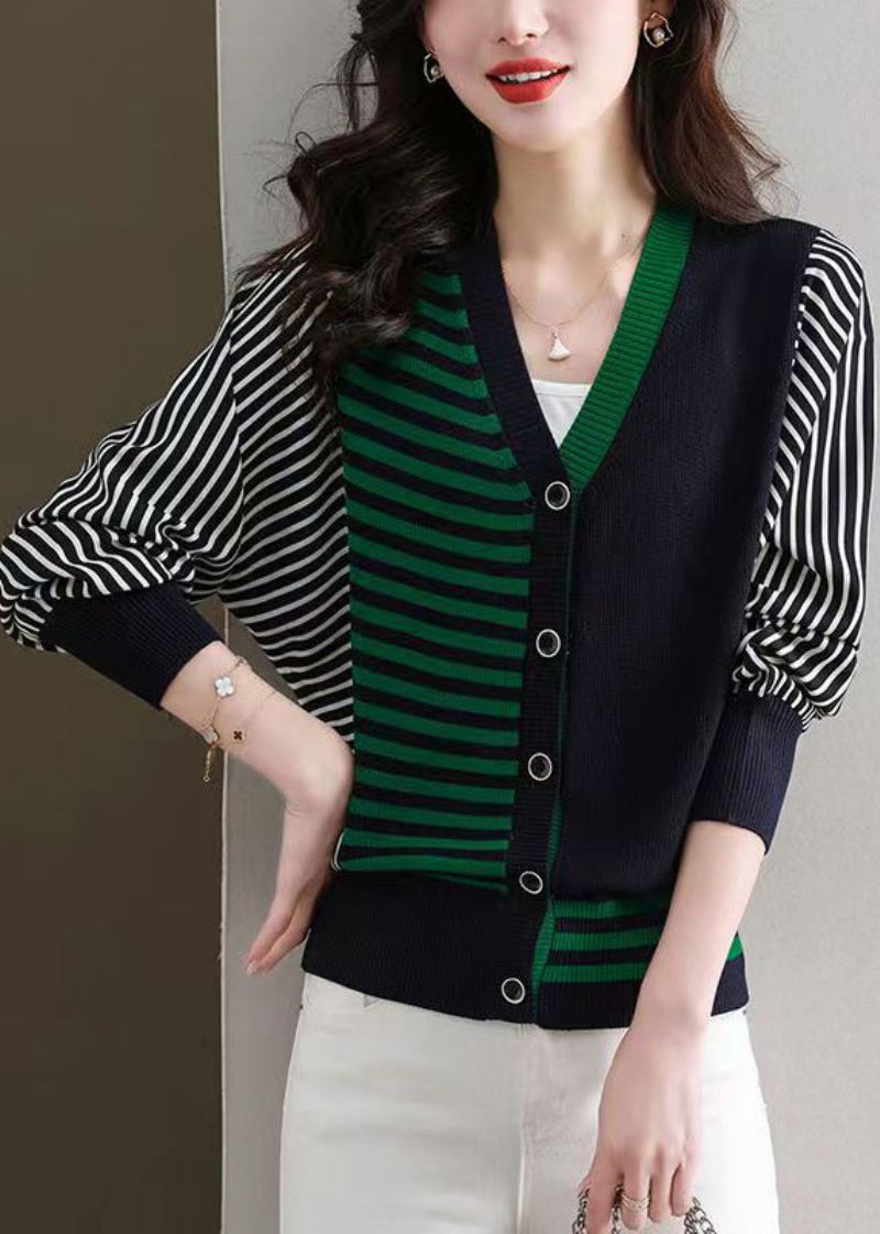 Navy Cozy Patchwork Strikkede Cardigans Stripete Lange Ermer - Cardigans for kvinner