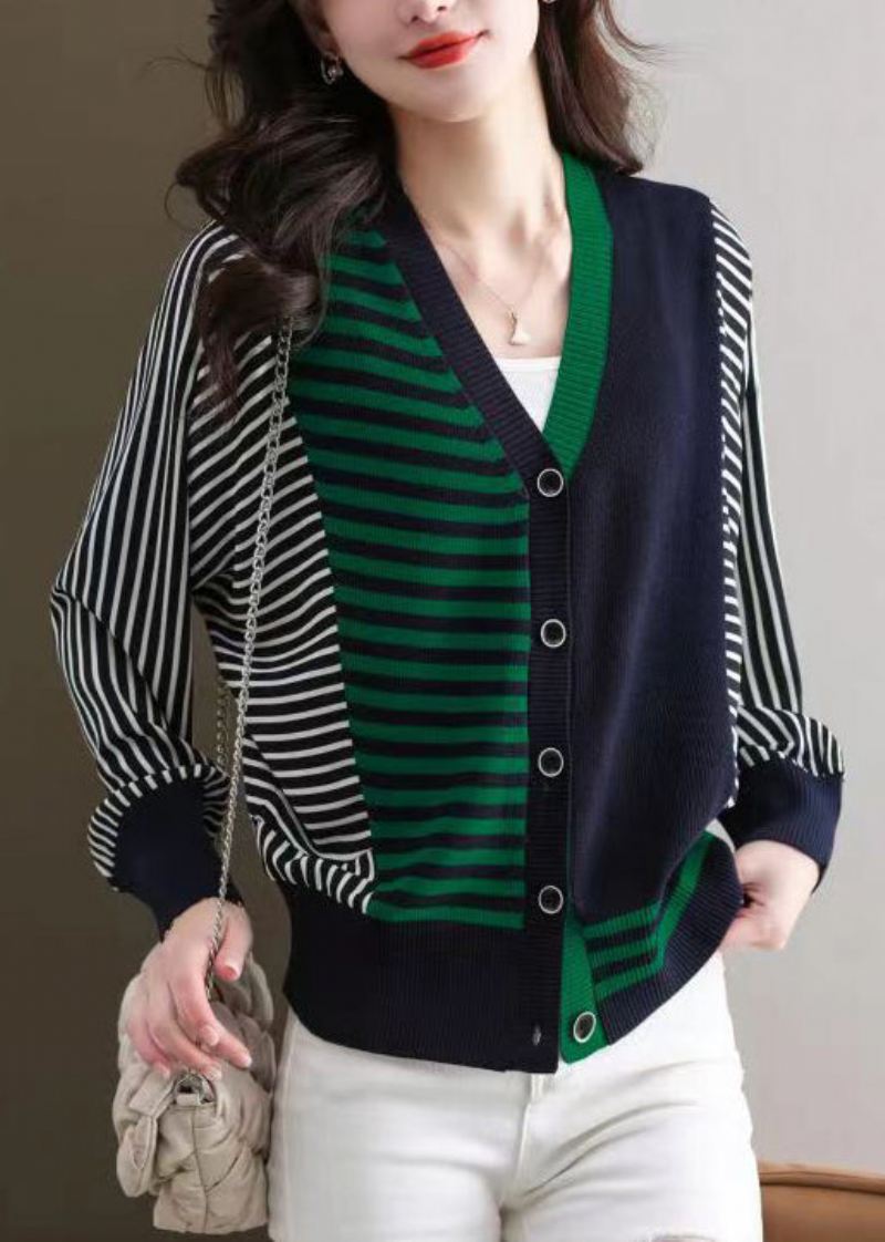 Navy Cozy Patchwork Strikkede Cardigans Stripete Lange Ermer - Cardigans for kvinner