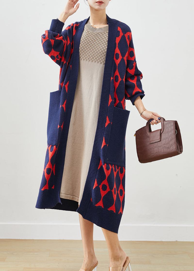 Navy Print Strikk Cardigan Overdimensjonerte Lommer Fall