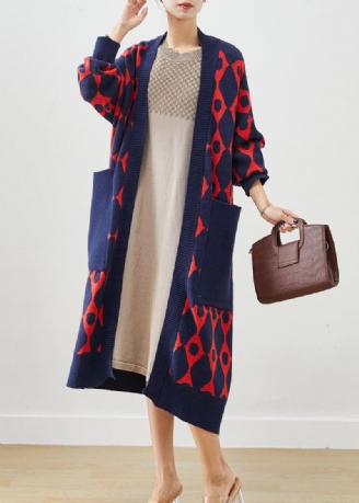 Navy Print Strikk Cardigan Overdimensjonerte Lommer Fall