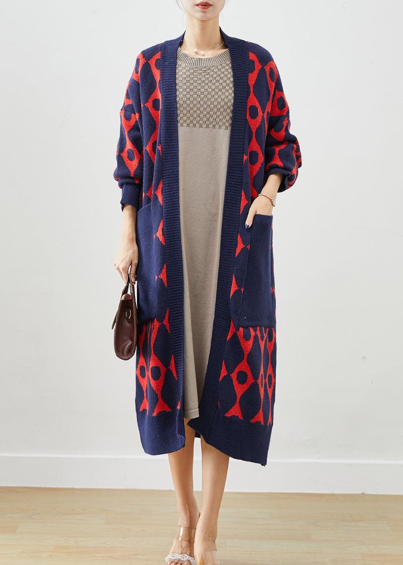 Navy Print Strikk Cardigan Overdimensjonerte Lommer Fall - Cardigans for kvinner