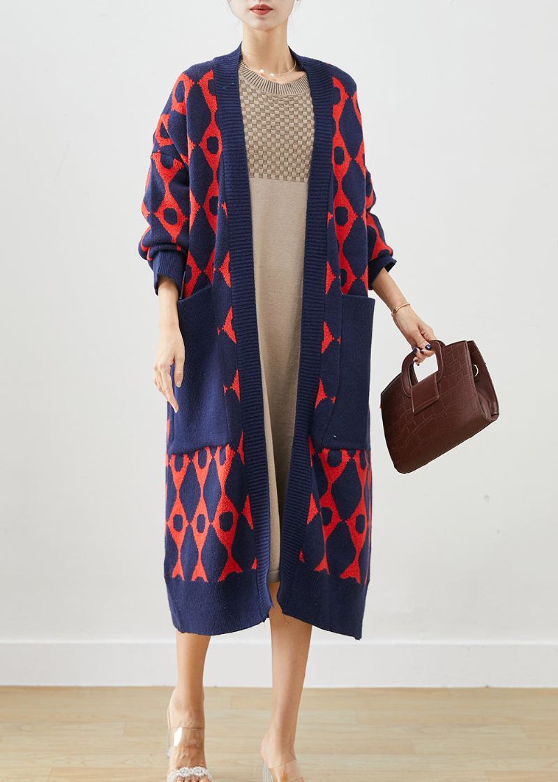 Navy Print Strikk Cardigan Overdimensjonerte Lommer Fall - Cardigans for kvinner