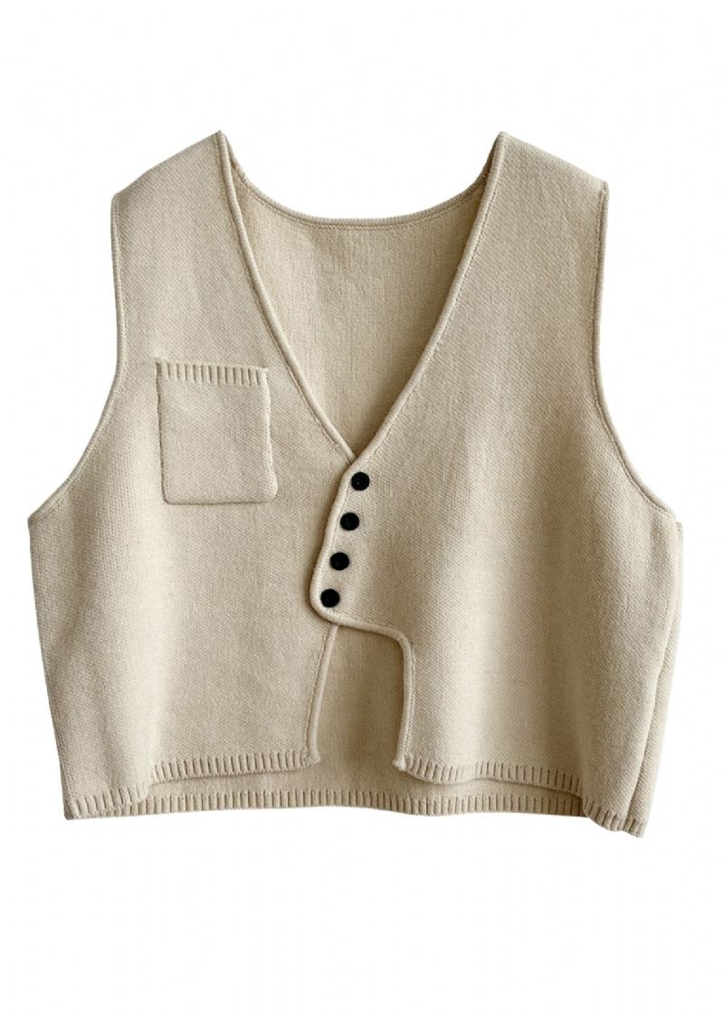 Ny Aprikos Asymmetrisk Knapp Patchwork Bomull Strikket Vest Ermeløs - Cardigans for kvinner