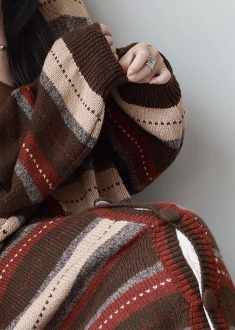 Ny Kaffe V-hals Stripete Knapp Patchwork Koselig Strikk Løs Frakk Høst - Cardigans for kvinner