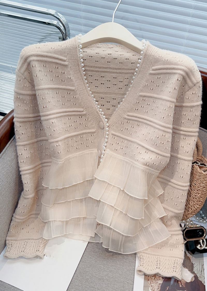 Ny Lys Khaki Ruffled Pearl Patchwork Knit Cardigan Spring