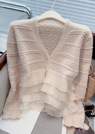 Ny Lys Khaki Ruffled Pearl Patchwork Knit Cardigan Spring