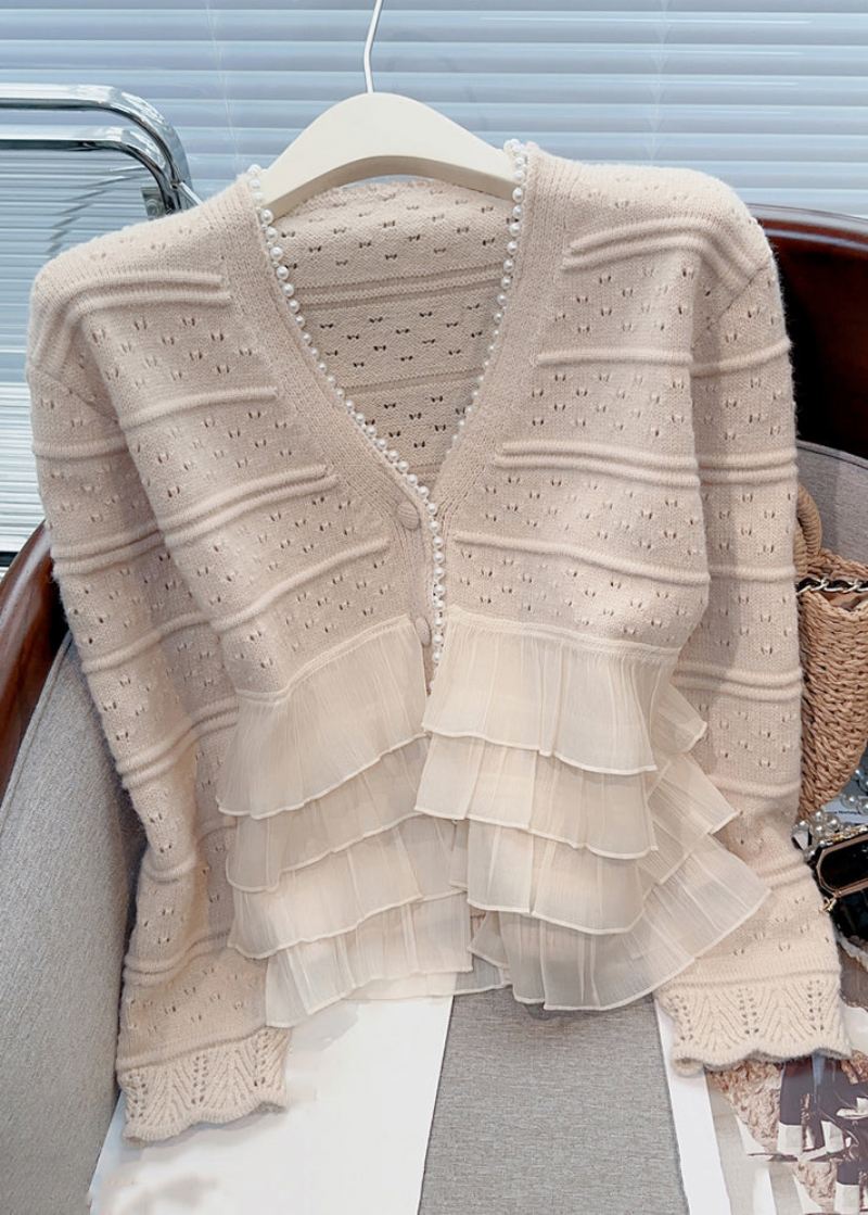 Ny Lys Khaki Ruffled Pearl Patchwork Knit Cardigan Spring - Cardigans for kvinner