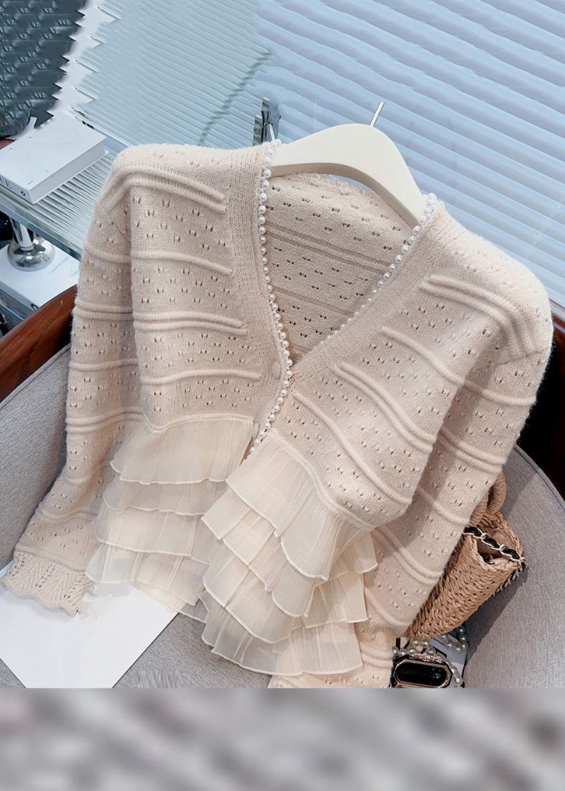 Ny Lys Khaki Ruffled Pearl Patchwork Knit Cardigan Spring - Cardigans for kvinner