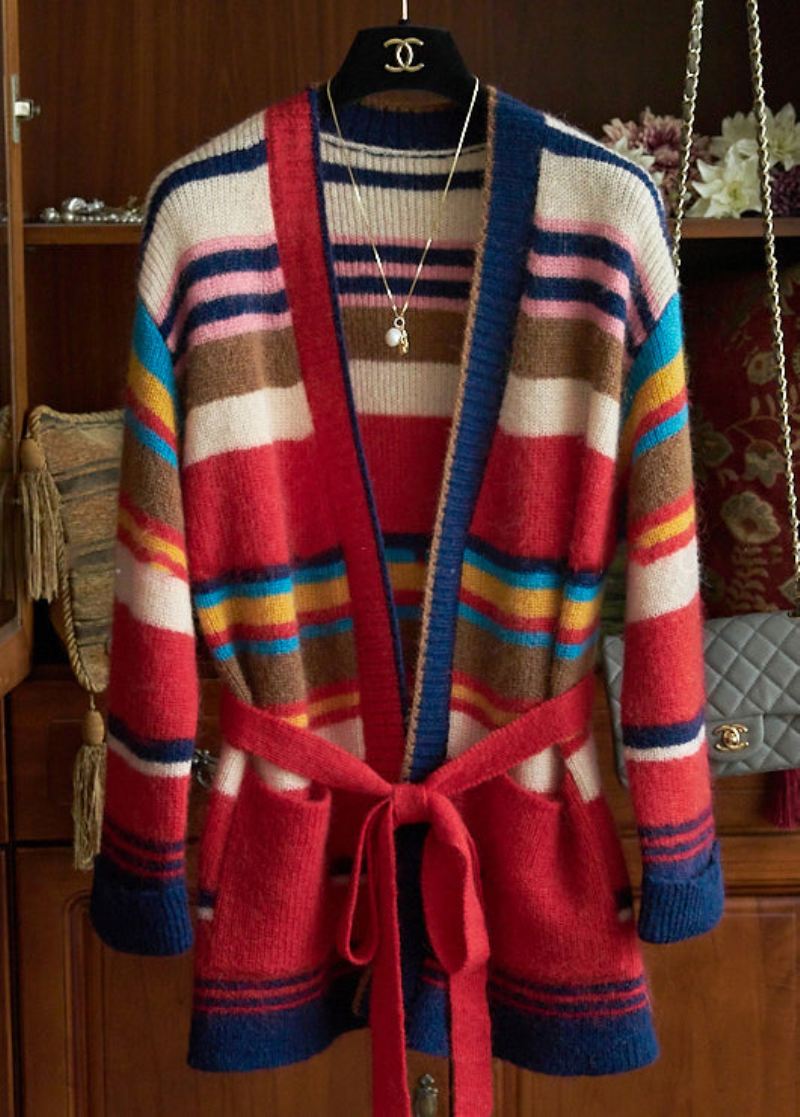 Nye Stripete Tie Midjelommer Patchwork Knit Cardigan Fall - Cardigans for kvinner